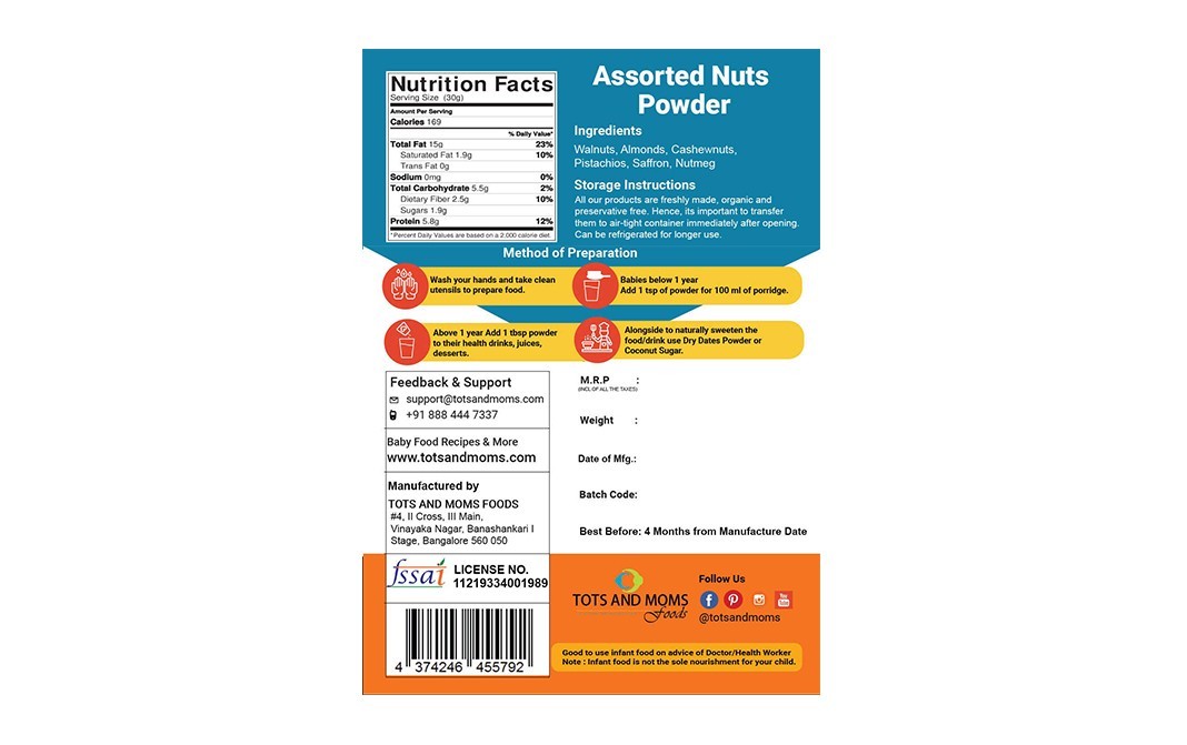 Tots And Moms Foods Assorted Nuts Powder    Pack  100 grams